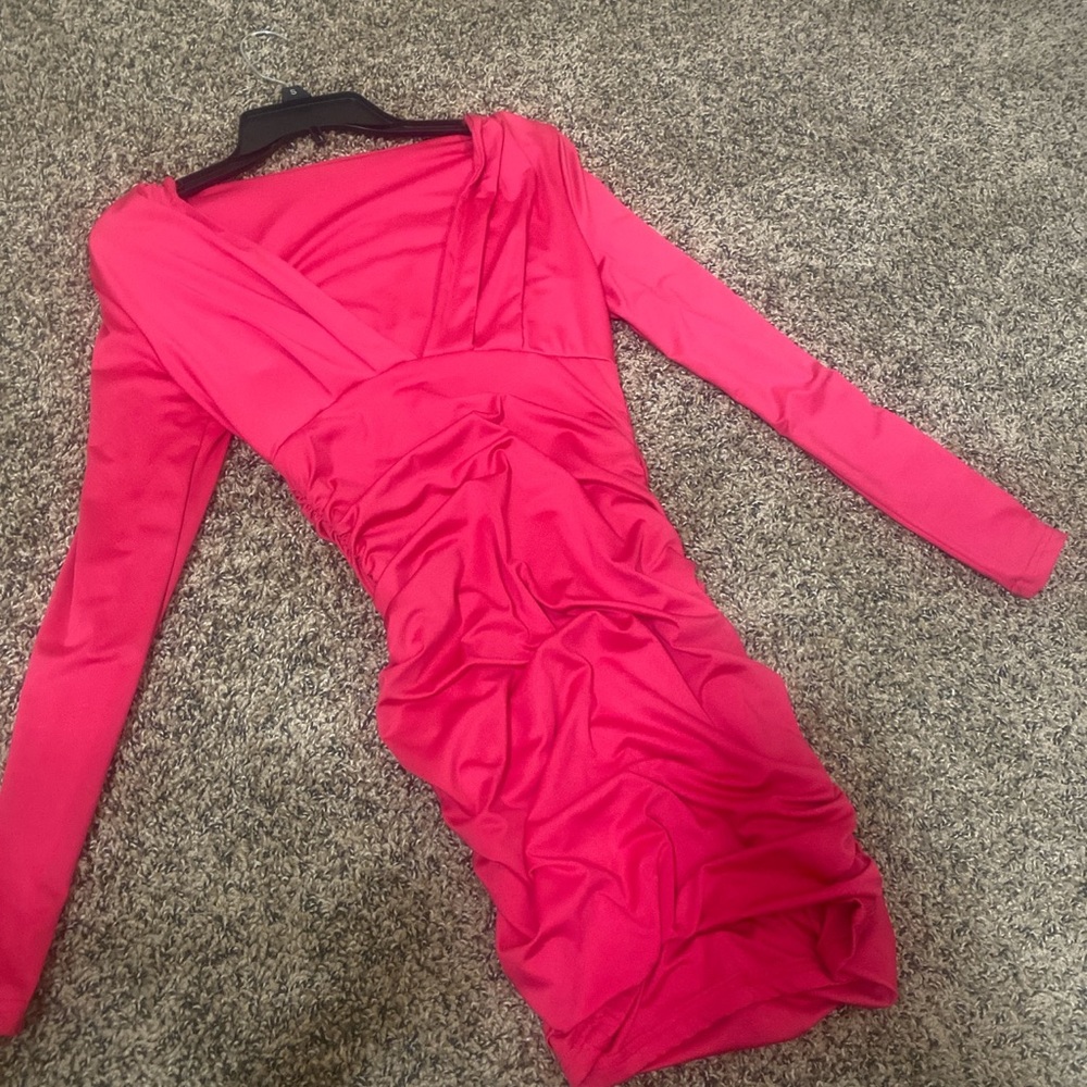 Barbie Pink Low Cut long sleeve Midi Dress